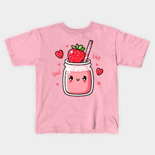 Strawberry Milkshake Drink with Strawberries and Hearts in Kawaii Style | Cutesy Kawaii Kids T-Shirt